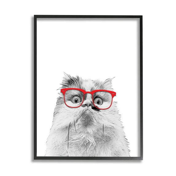 Stupell Industries Funny Face Cat Wearing Glasses Animals & Insects Painting Black Framed Art Print Wall Art