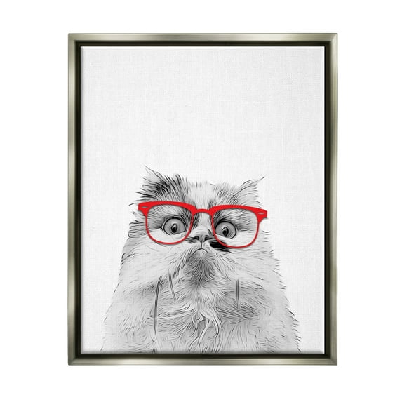 Stupell Industries Funny Face Cat Wearing Glasses Animals & Insects Painting Gray Floater Framed Art Print Wall Art