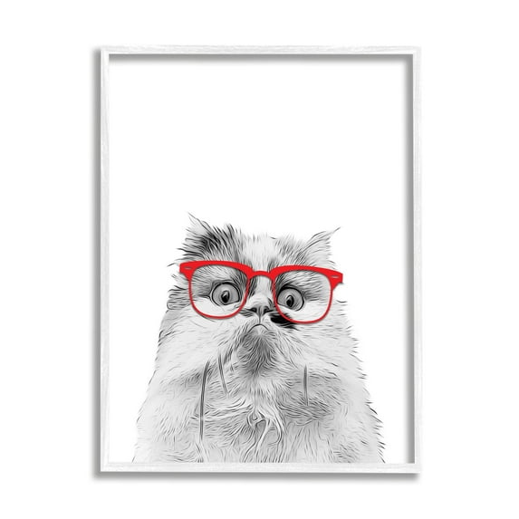 Stupell Industries Funny Face Cat Wearing Glasses Animals & Insects Painting White Framed Art Print Wall Art