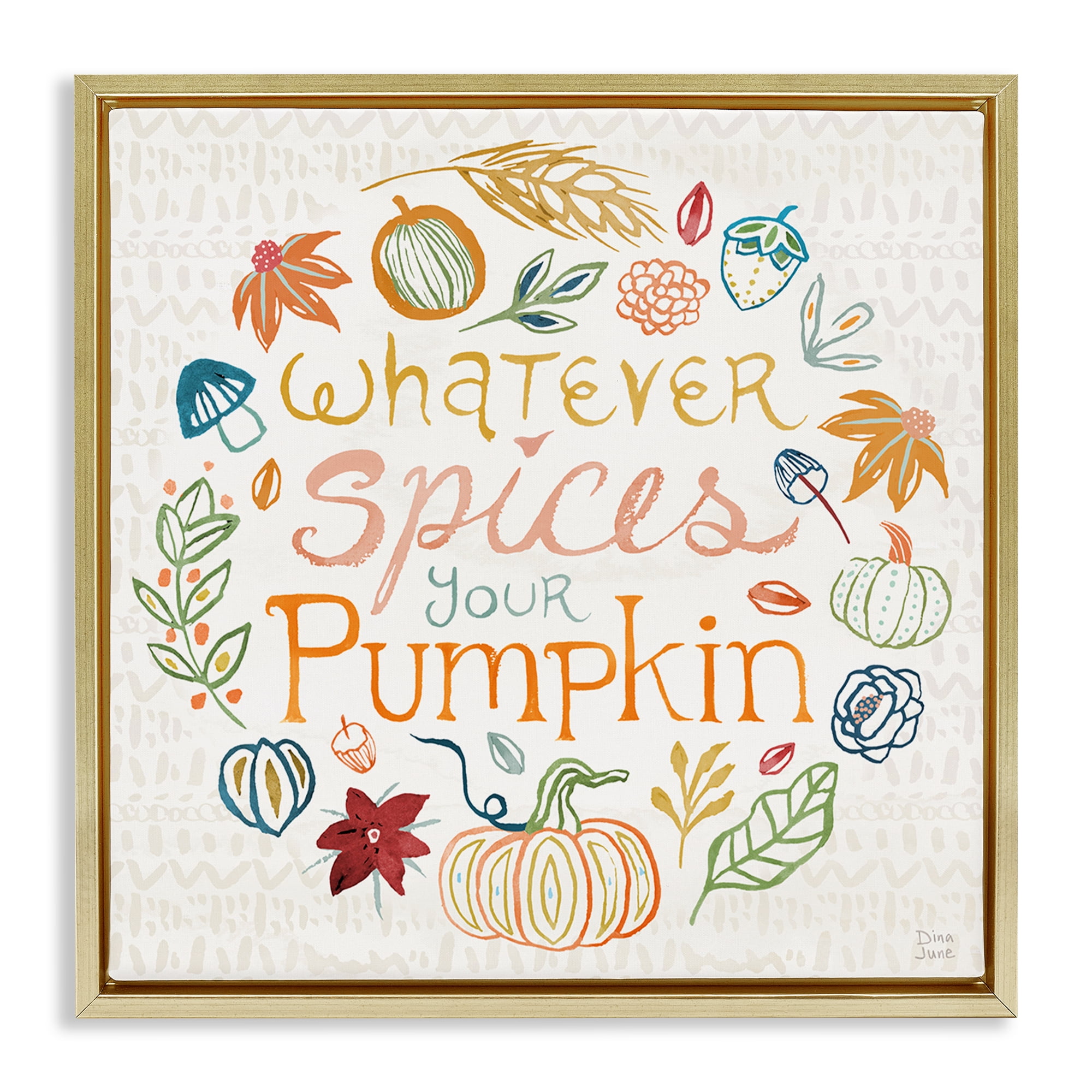 Stupell Industries Funny Fall Spice Pumpkin Holiday Painting Gold Floater Framed Canvas Art Prints Wall Art, 25 x 25