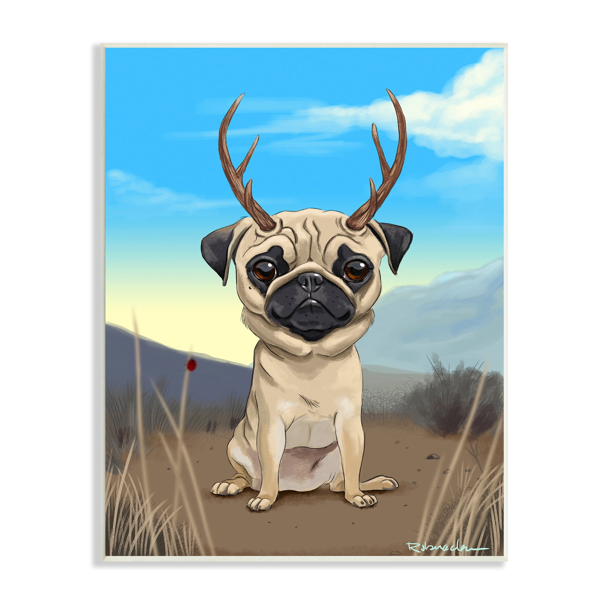 Stupell Industries Funny Field Pug Wild Pet Dog with Antlers, 10 x 15, Design by Brian Rubenacker