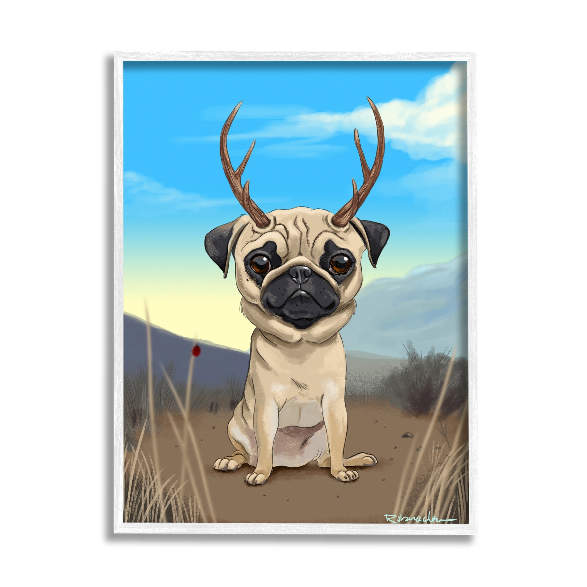 Stupell Industries Funny Field Pug Wild Pet Dog with Antlers, 11 x 14, Design by Brian Rubenacker