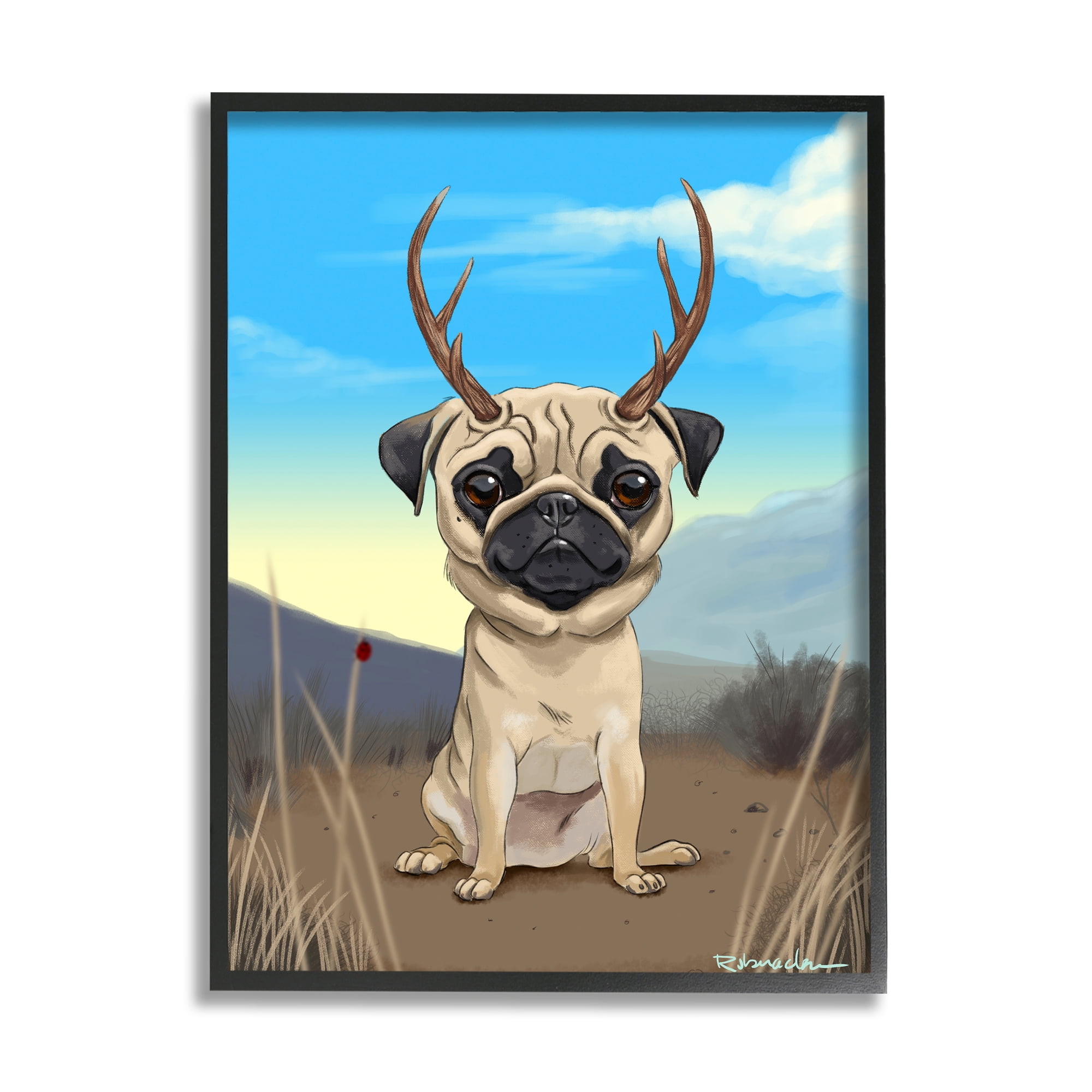 Stupell Industries Funny Field Pug Wild Pet Dog with Antlers, 16 x 20, Design by Brian Rubenacker