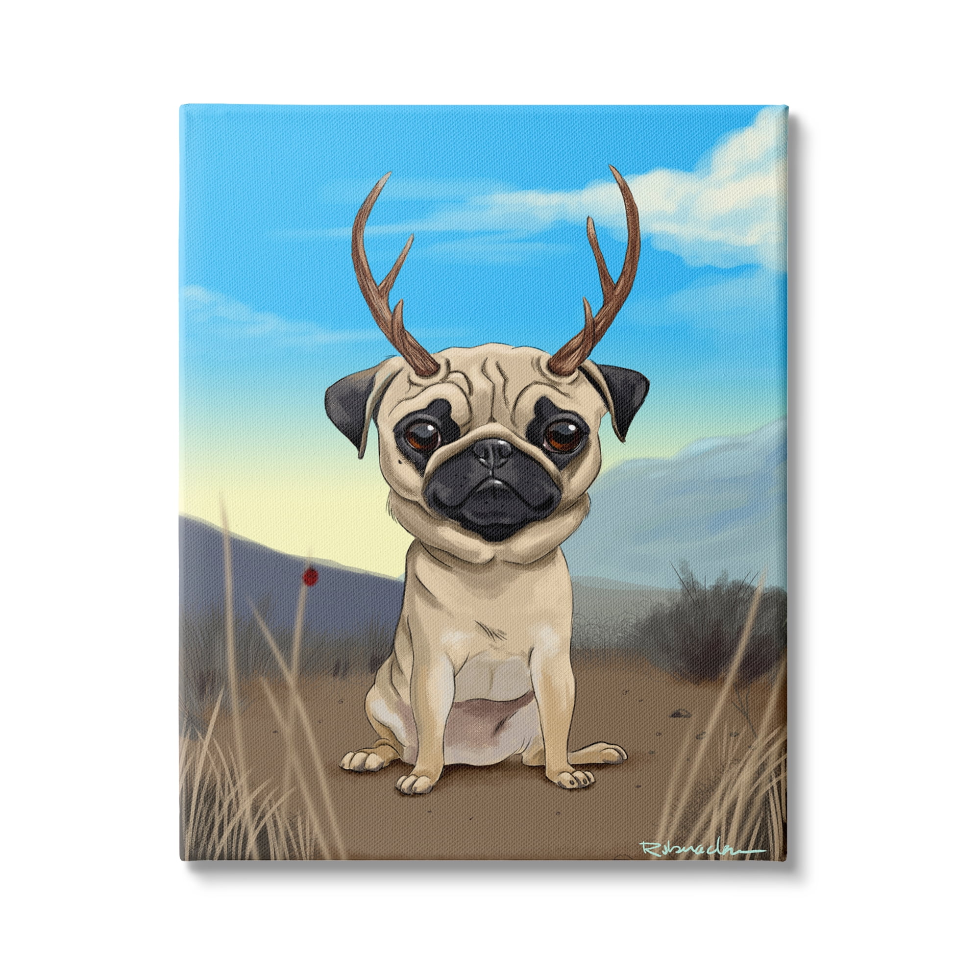 Stupell Industries Funny Field Pug Wild Pet Dog with Antlers, 24 x 30, Design by Brian Rubenacker