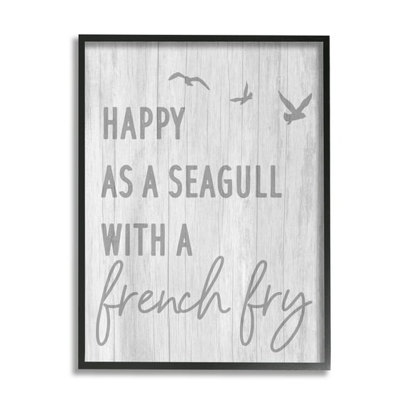 Stupell Industries Funny Happiness Phrase Rustic Seagull Beach Humor Graphic Art Black Framed Art Print Wall Art, Design by Daphne Polselli