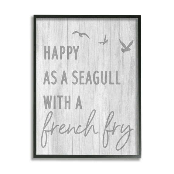 Stupell Industries Funny Happiness Phrase Rustic Seagull Beach Humor Graphic Art Black Framed Art Print Wall Art, Design by Daphne Polselli