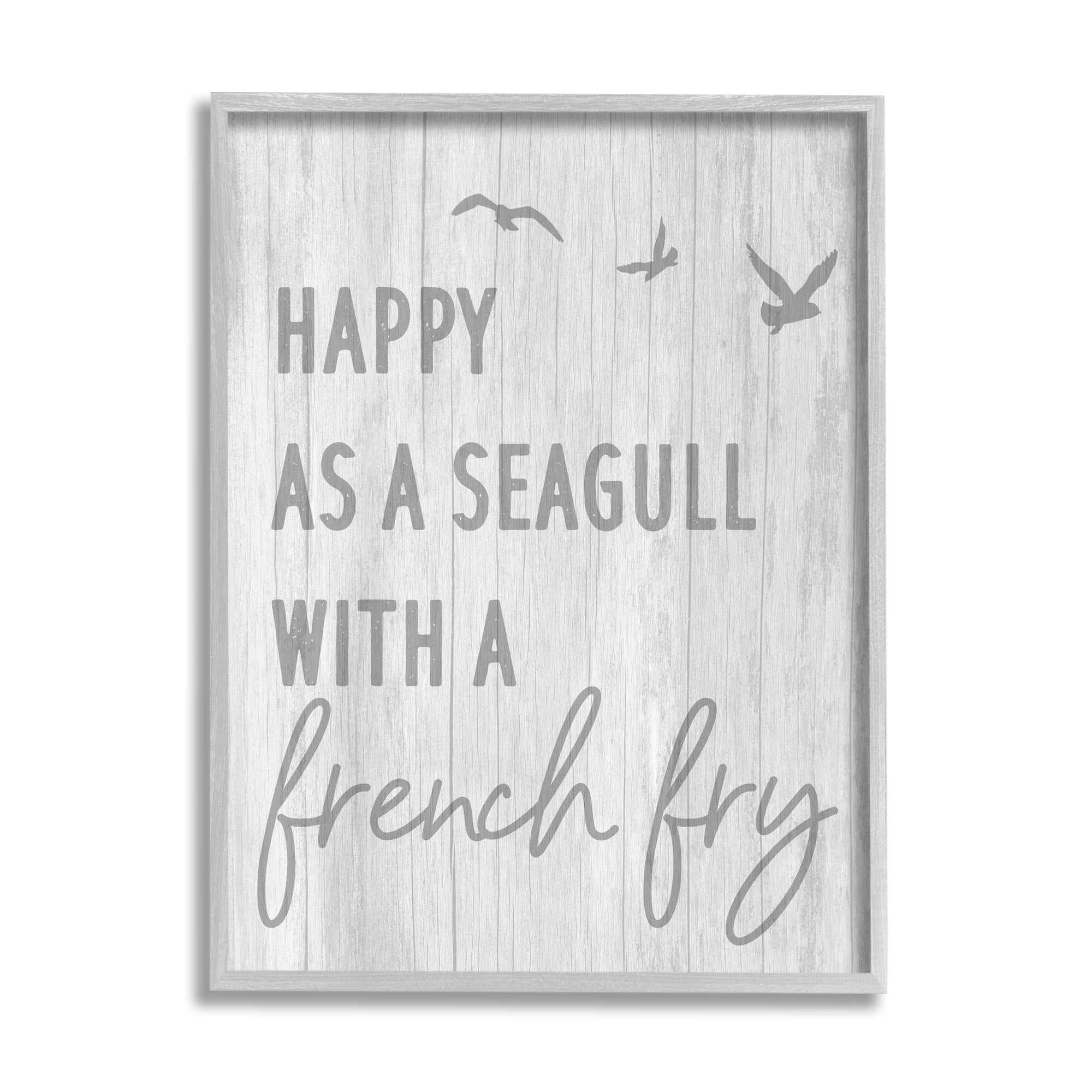 Stupell Industries Funny Happiness Phrase Rustic Seagull Beach Humor Graphic Art Gray Framed Art Print Wall Art, Design by Daphne Polselli