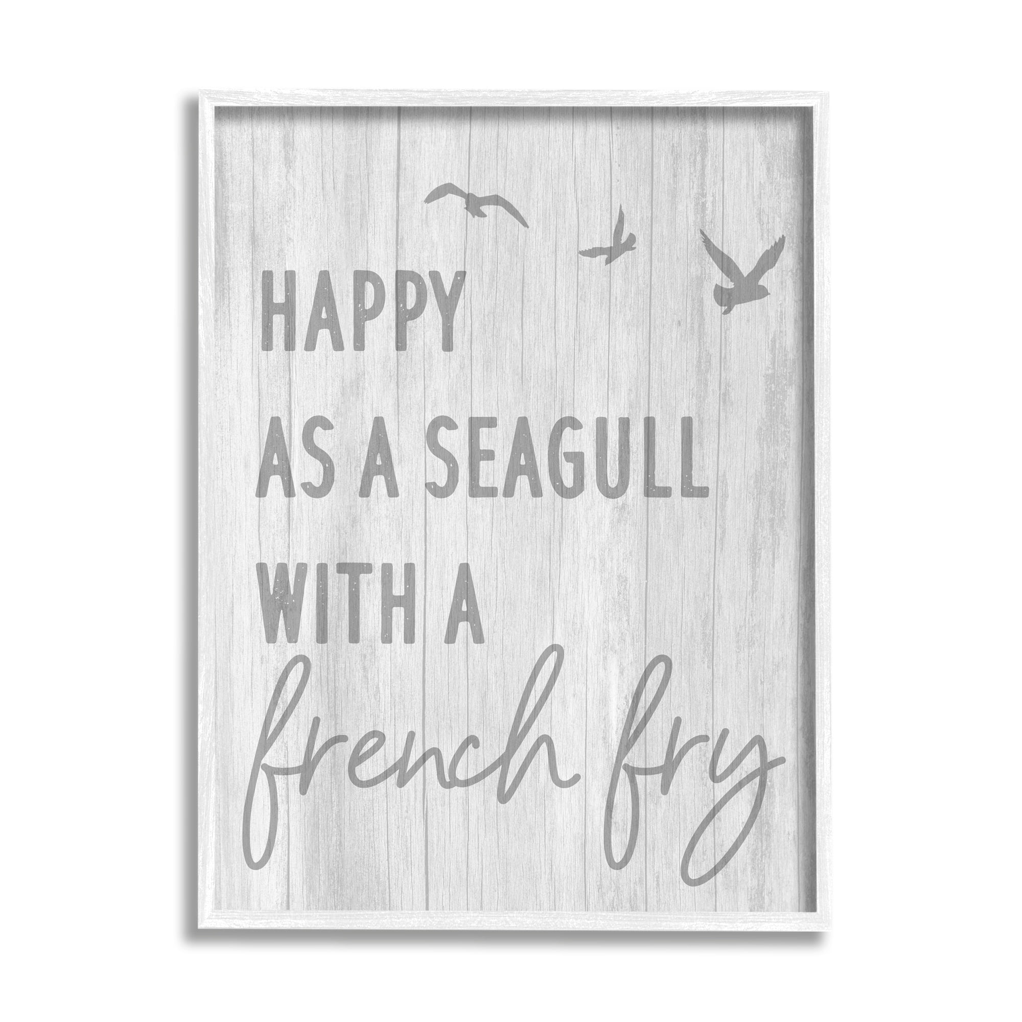 Stupell Industries Funny Happiness Phrase Rustic Seagull Beach Humor Graphic Art White Framed Art Print Wall Art, Design by Daphne Polselli