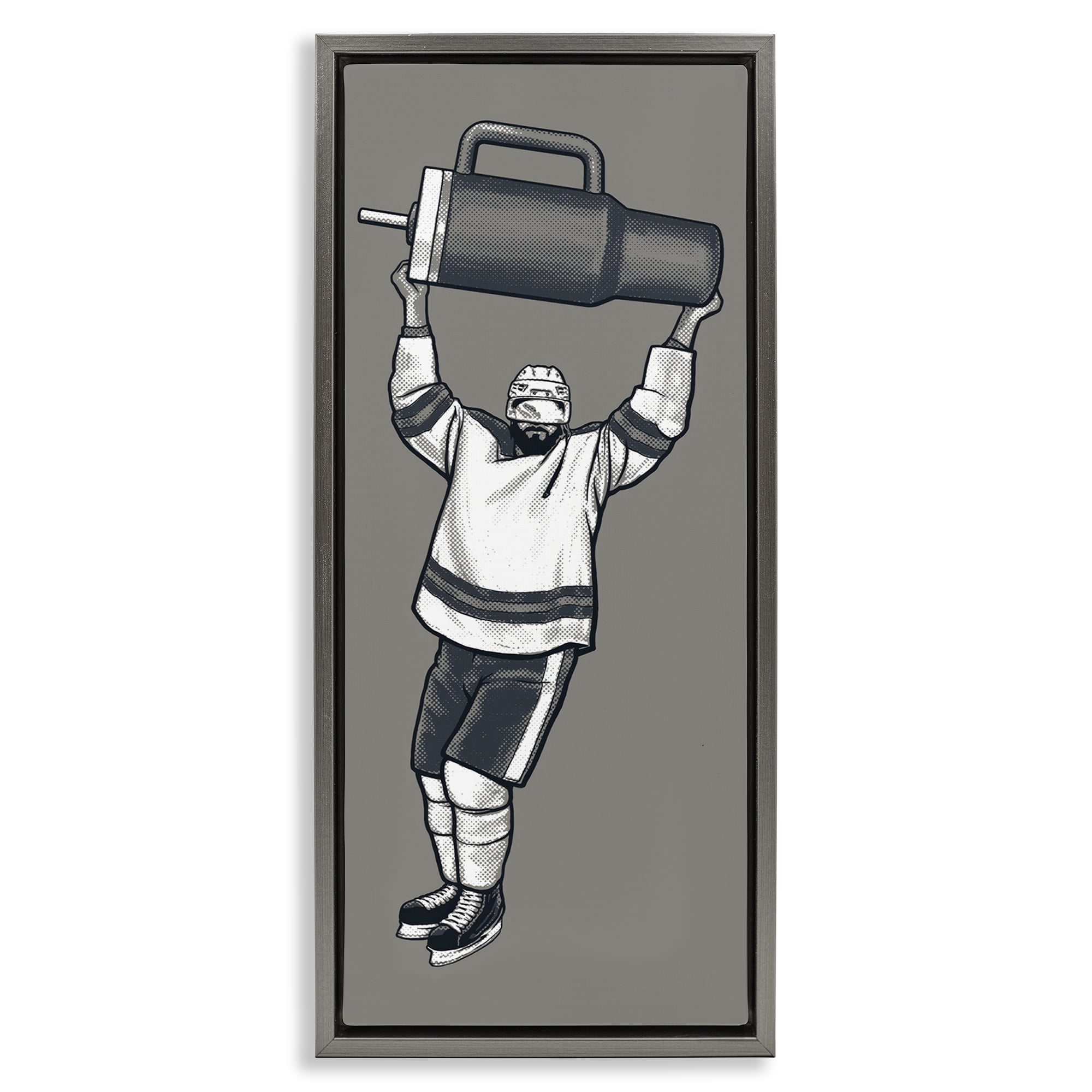 Stupell Industries Funny Hockey Trophy Pun Sports Painting Gray Floater Framed Canvas Art Print Wall Art, 11 x 25