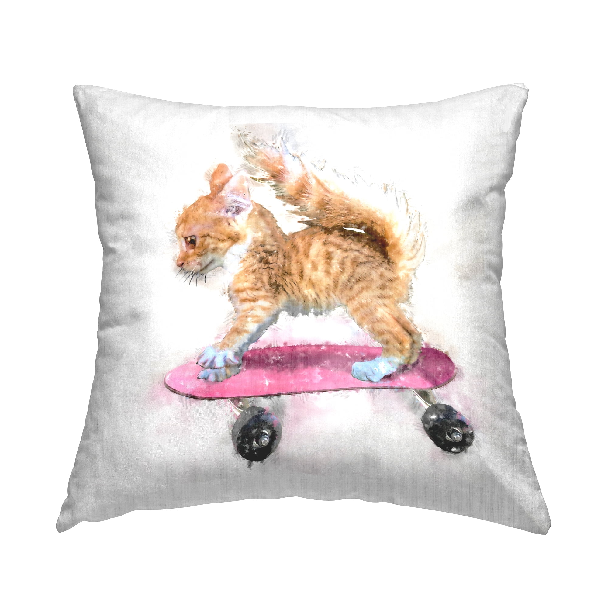 Stupell Industries Funny Kitten Pink Skateboard Square Decorative Printed Throw Pillow, 18 x 18,