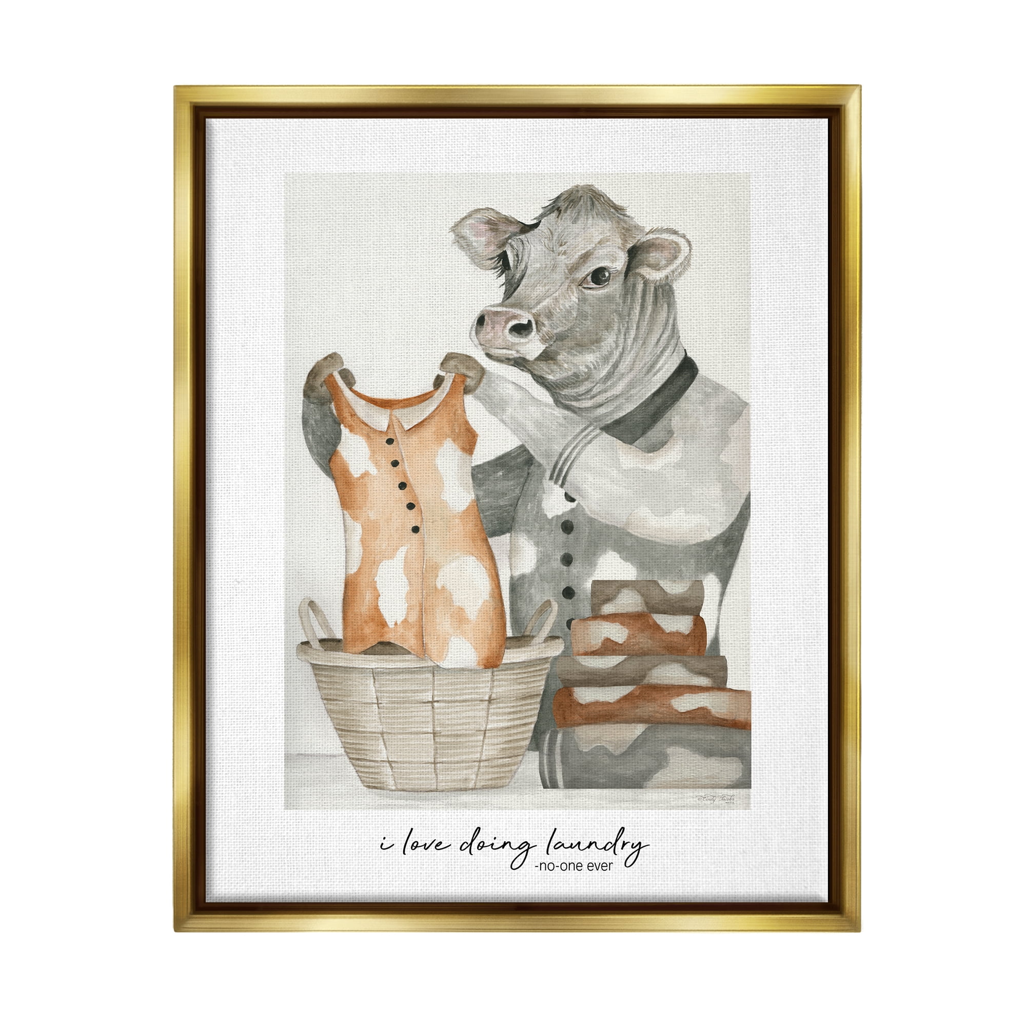 Stupell Industries Funny Laundry Cow Phrase Animals & Insects Painting Gold Floater Framed Art Print Wall Art, 17 x 21