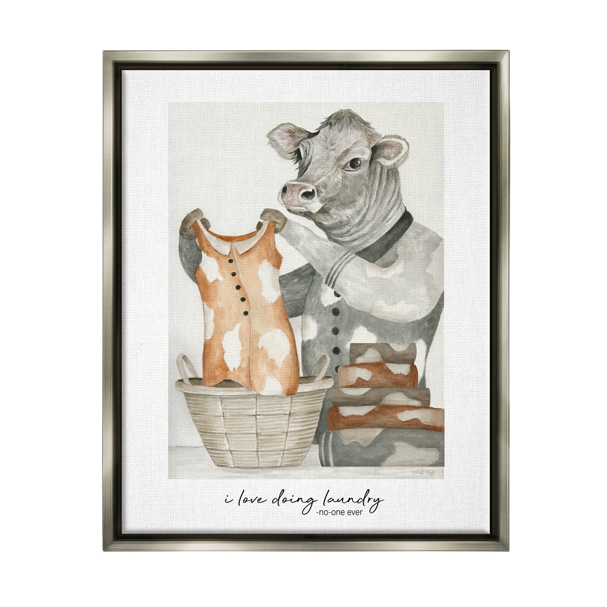 Stupell Industries Funny Laundry Cow Phrase Animals & Insects Painting Gray Floater Framed Art Print Wall Art, 17 x 21