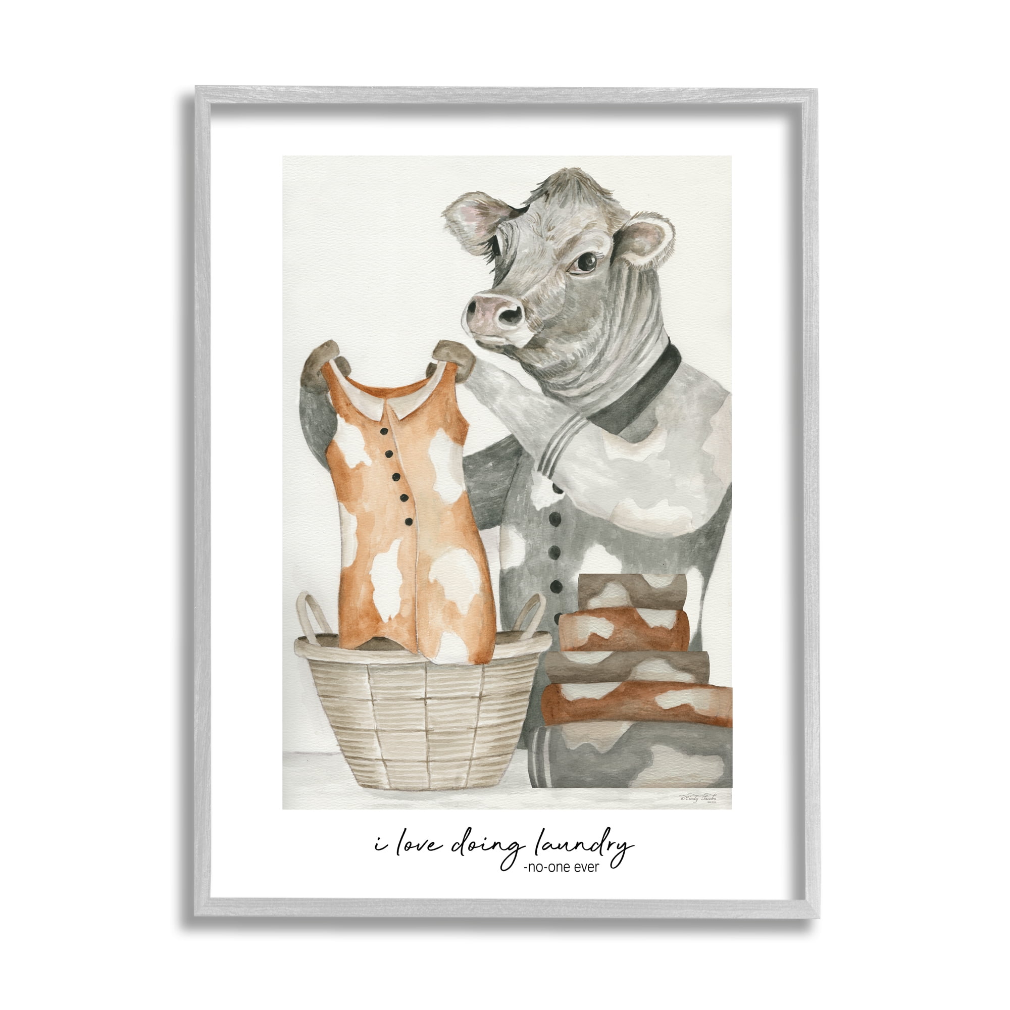 Stupell Industries Funny Laundry Cow Phrase Animals & Insects Painting Gray Framed Art Print Wall Art, 11 x 14