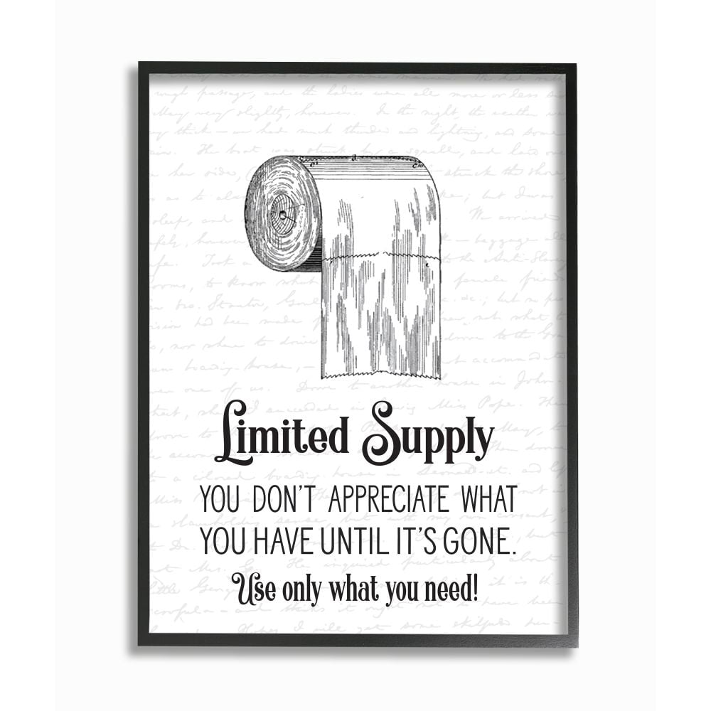 Stupell Industries Funny Limited Supply Bathroom Toilet Paper Home Quote Framed Wall Art Design by Lettered and Lined, 16" x 20", Black Framed