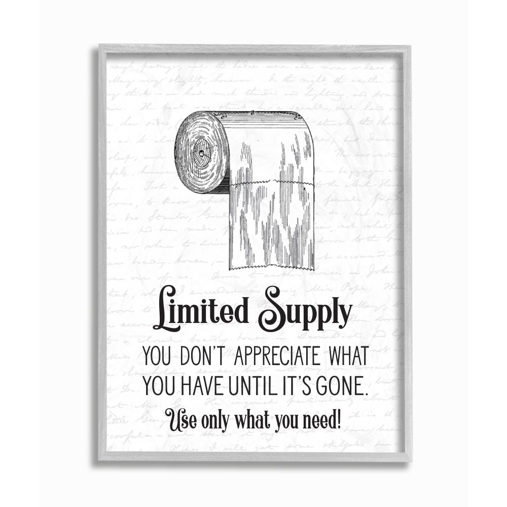Stupell Industries Funny Limited Supply Bathroom Toilet Paper Home Quote Framed Wall Art Design by Lettered and Lined, 16" x 20", Gray Framed