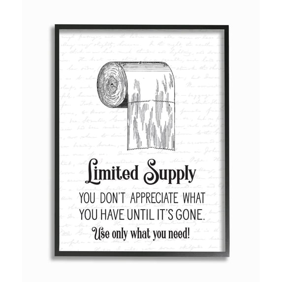 Stupell Industries Funny Limited Supply Bathroom Toilet Paper Home Quote Framed Wall Art Design by Lettered and Lined, 24" x 30", Black Framed