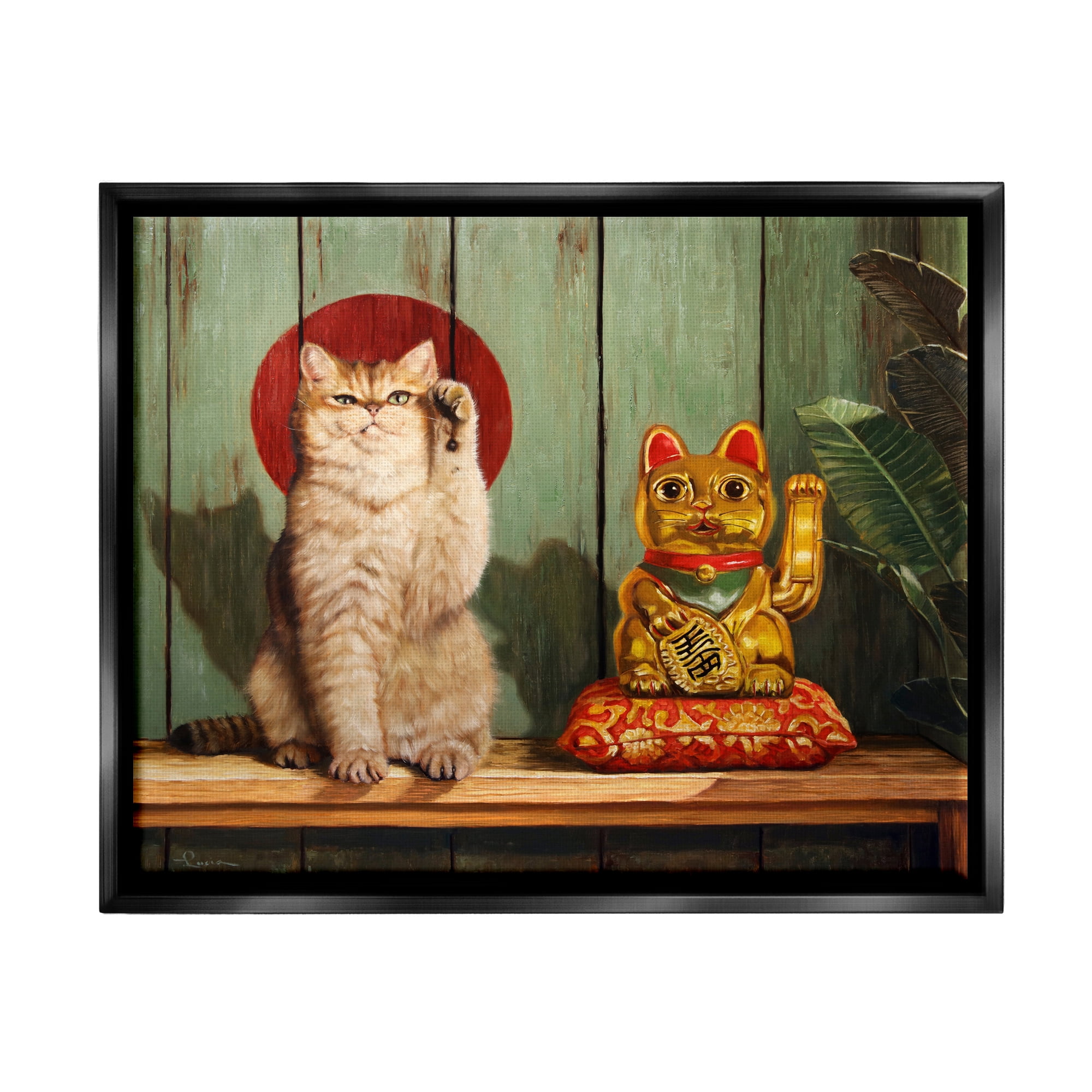 Stupell Industries Funny Lucky Cat Pose Animals & Insects Painting Black Floater Framed Canvas Art Print Wall Art, 31 x 25