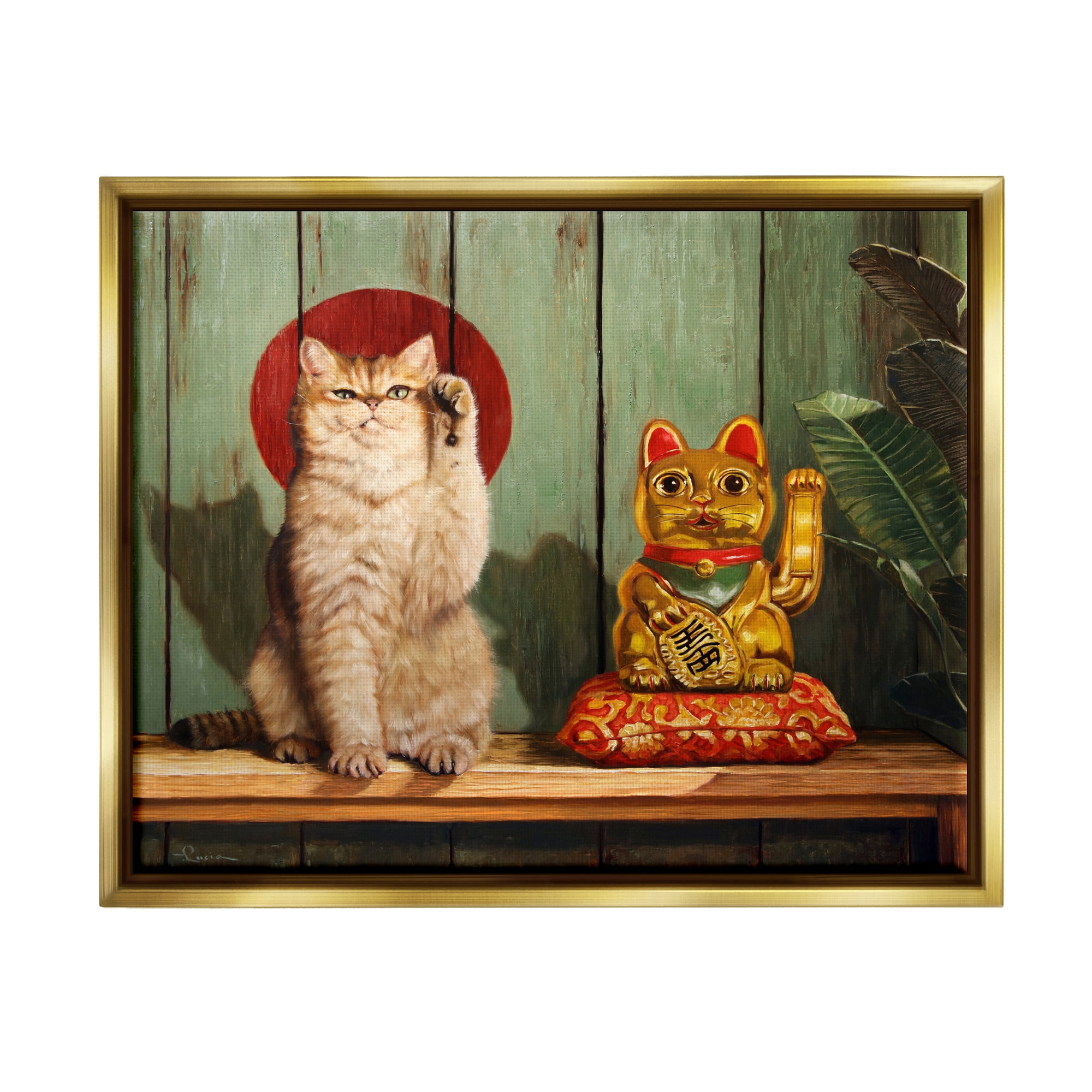 Stupell Industries Funny Lucky Cat Pose Animals & Insects Painting Gold Floater Framed Canvas Art Print Wall Art, 21 x 17