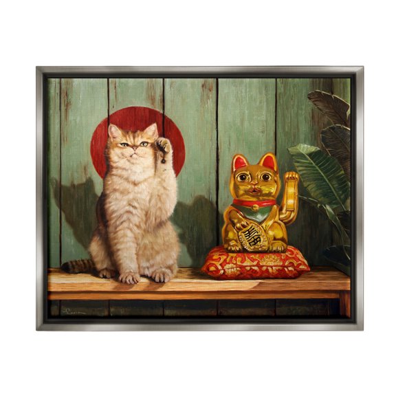 Stupell Industries Funny Lucky Cat Pose Animals & Insects Painting Gray Floater Framed Canvas Art Print Wall Art, 21 x 17