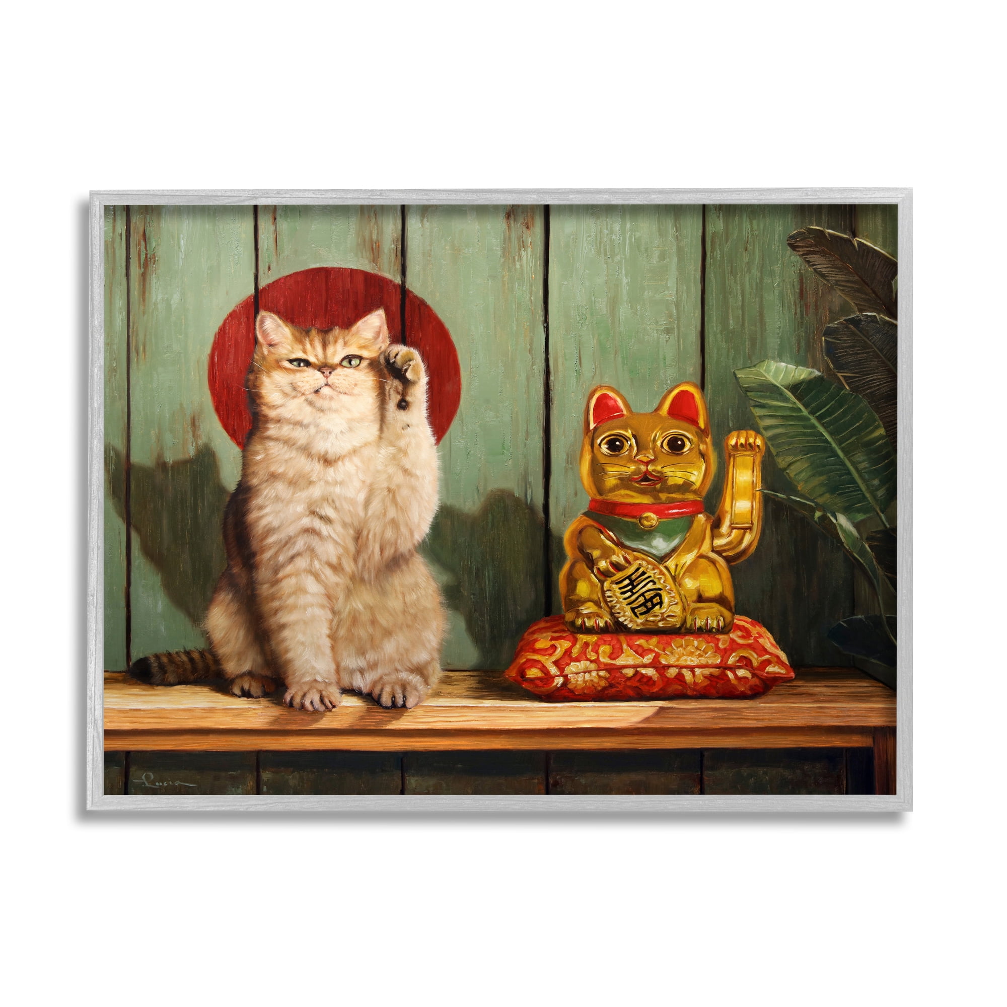 Stupell Industries Funny Lucky Cat Pose Animals & Insects Painting Gray Framed Art Print Wall Art, 20 x 16