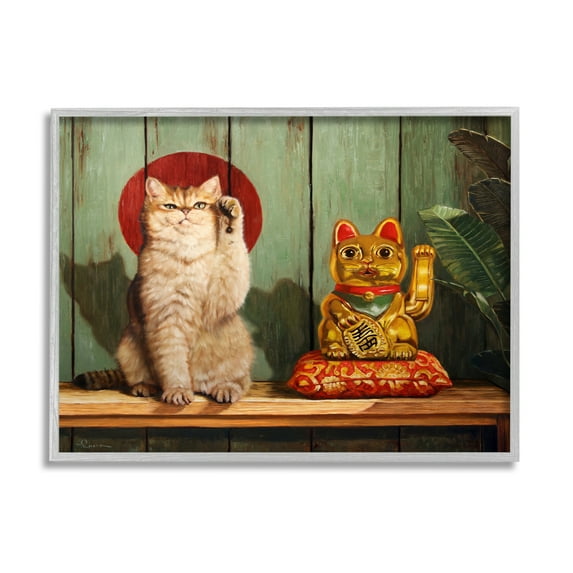 Stupell Industries Funny Lucky Cat Pose Animals & Insects Painting Gray Framed Art Print Wall Art, 20 x 16