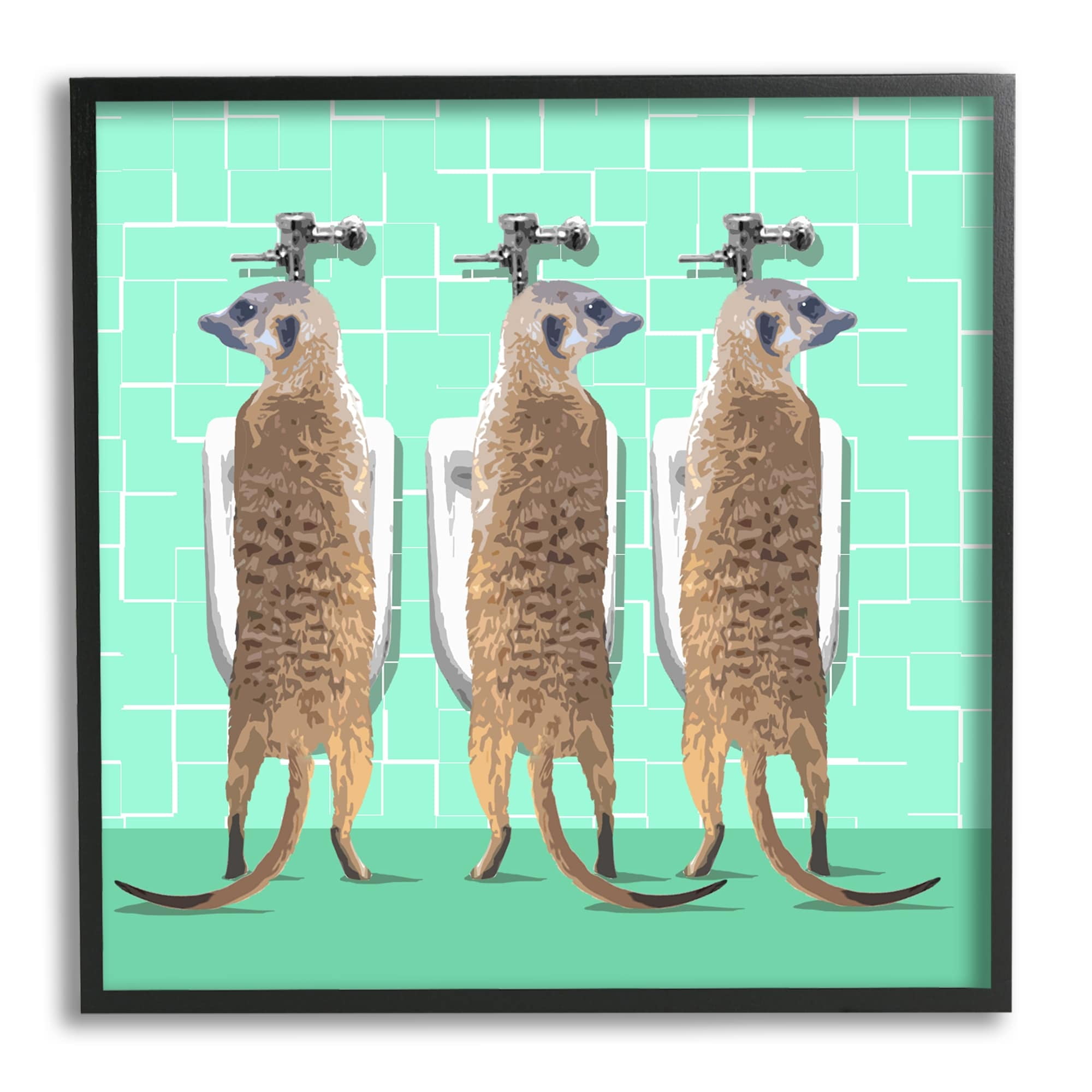 Stupell Industries Funny Meerkats Using Urinal Toilet Green Shapes Pattern Graphic Art Black Framed Art Print Wall Art, Design by Noah Bay