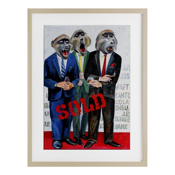 Stupell Industries Funny Monkeys with Sold Text Birch Framed Print Under Glass design by Violeta Vollmer, 23 x 17