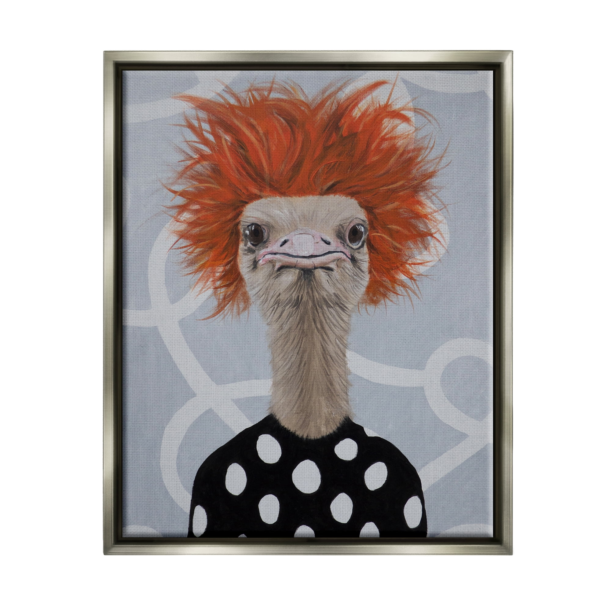 Stupell Industries Funny Ostrich Retro Polka Dots Animals & Insects Painting Gray Floater Framed Art Print Wall Art