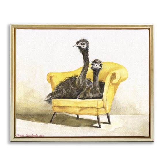 Stupell Industries Funny Ostriches on Yellow Chair Gold Framed Floater Canvas Wall Art, design by George Dyachenko