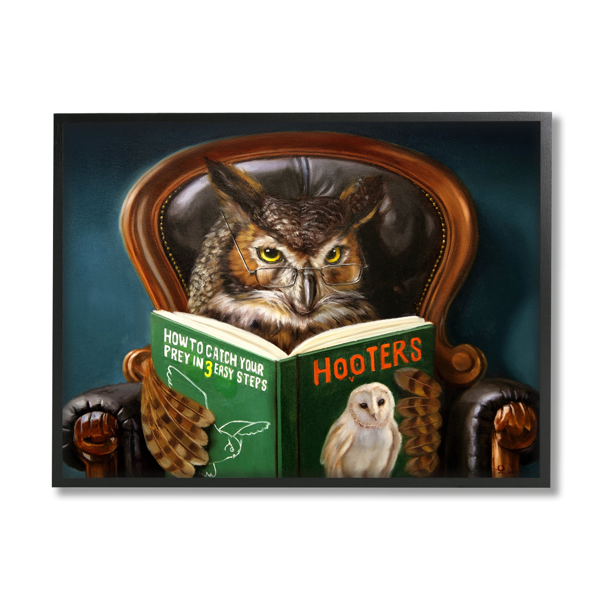 Stupell Industries Funny Owl Reading Leather Chair Hoot Book Novelty Painting Black framed Art Print Wall Art, 16 x 20, Design by Lucia Heffernan