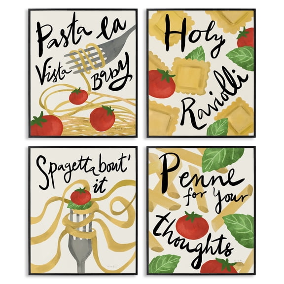 Stupell Industries Funny Pasta Puns Food & Beverage Painting Black Framed Art Print Wall Art, 16 x 20, Set of 4