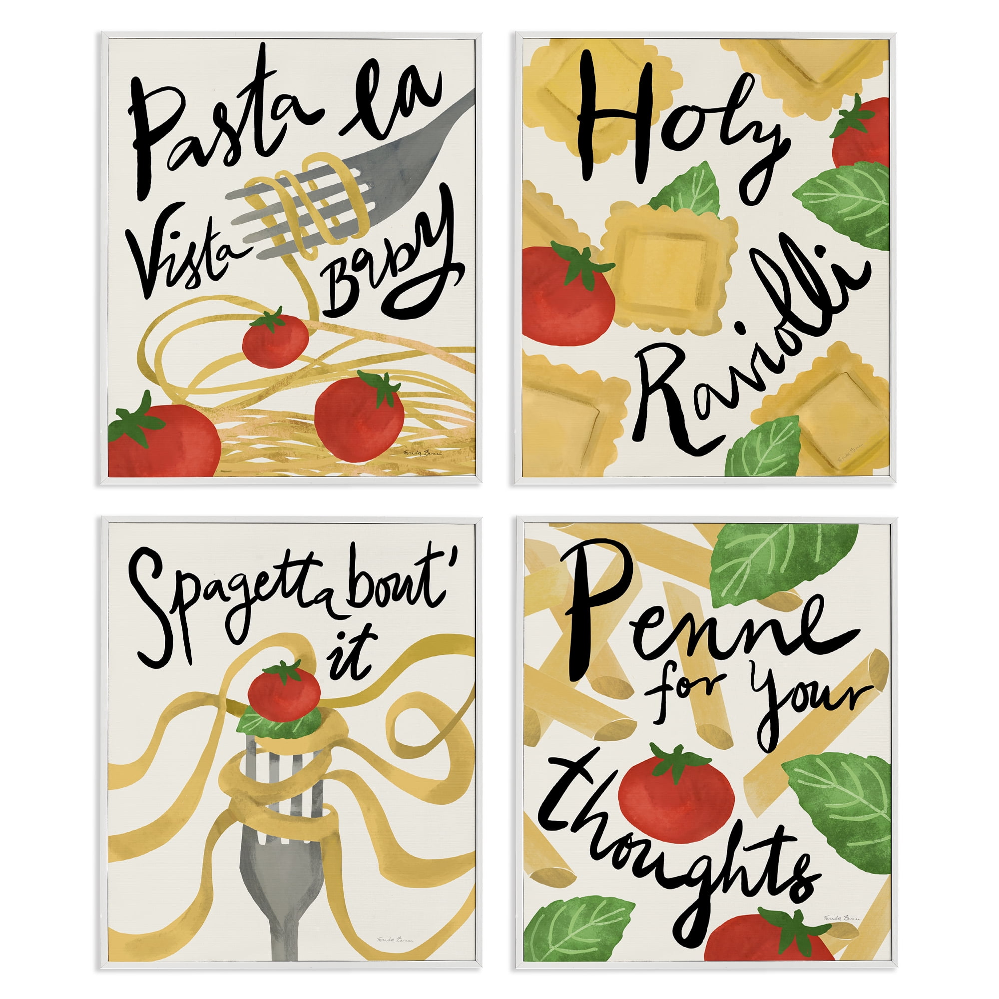 Stupell Industries Funny Pasta Puns Food & Beverage Painting White Framed Art Print Wall Art, 11 x 14, Set of 4