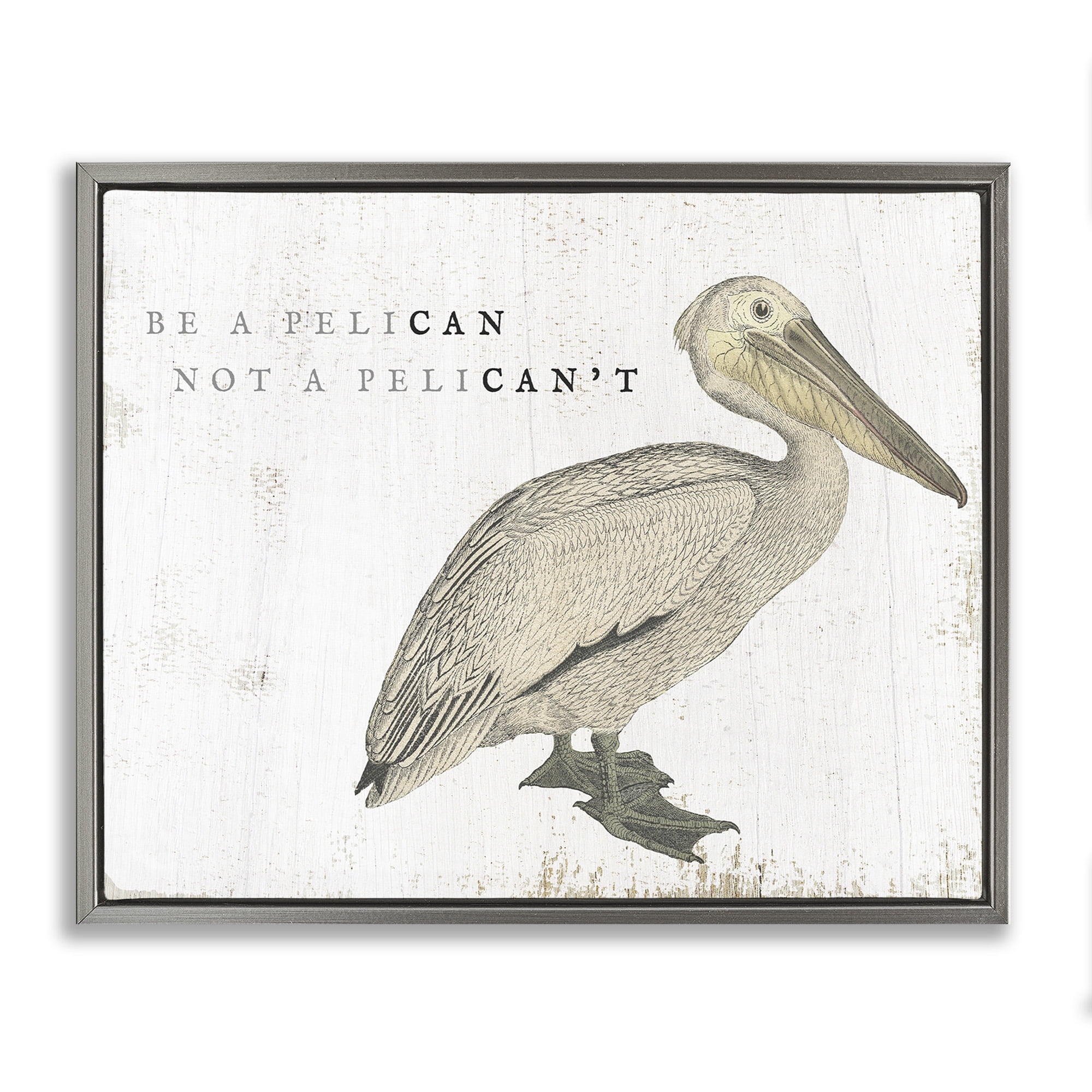 Stupell Industries Funny Pelican Beach Phrase Pun Typography Painting Gray Floater Framed Canvas Art Print Wall Art, 21 x 17