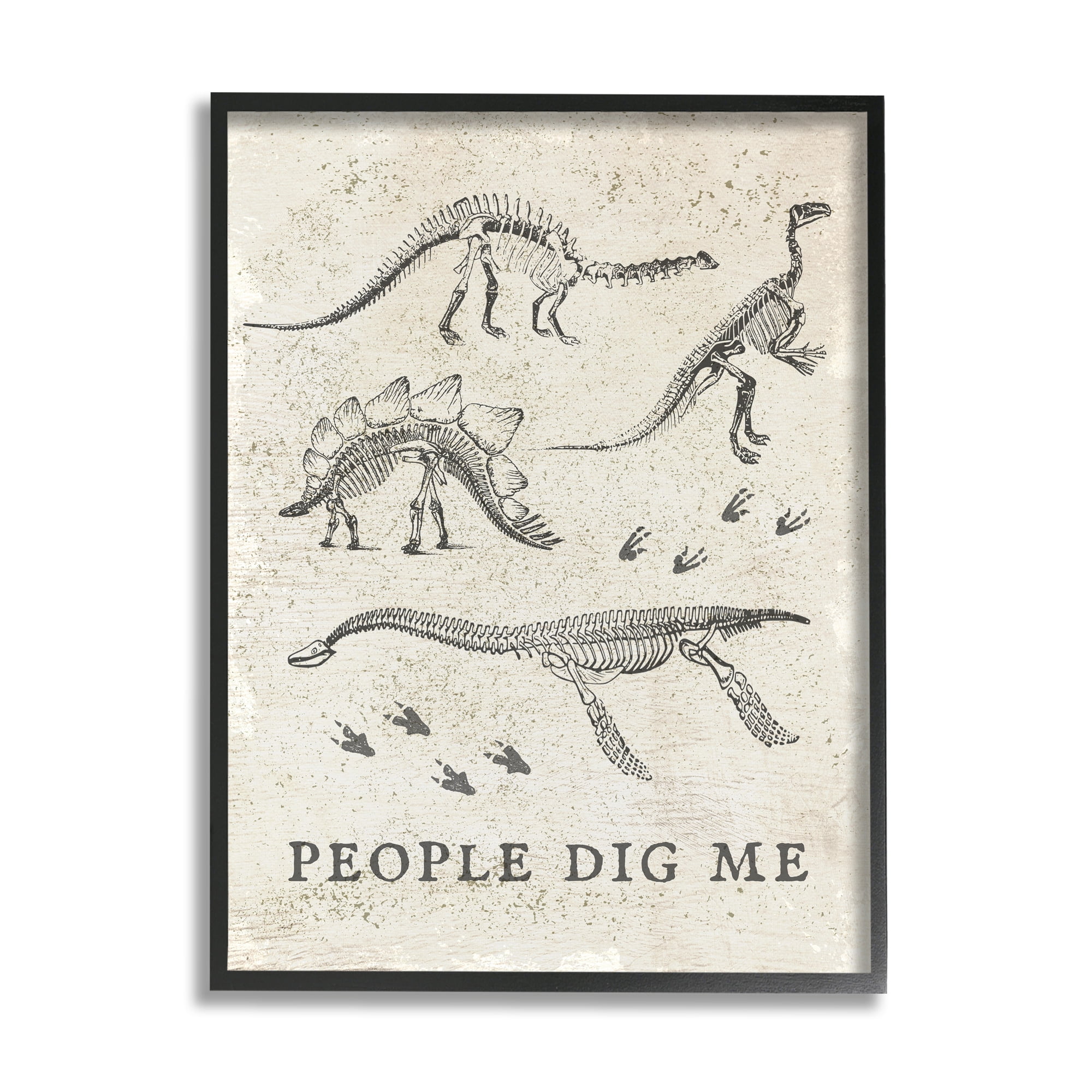Stupell Industries Funny People Dig Me Dinosaur Skeleton and Footprints Animals & Insects Painting Black Framed Art Print Wall Art, 16 x 20