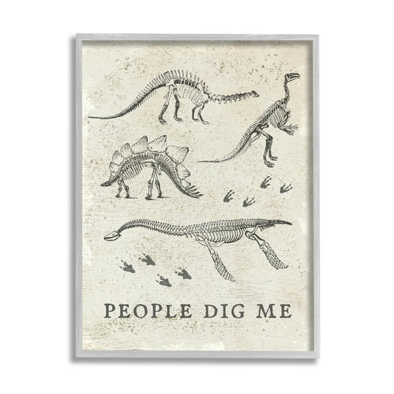 Stupell Industries Funny People Dig Me Dinosaur Skeleton and Footprints Animals & Insects Painting Gray Framed Art Print Wall Art, 16 x 20
