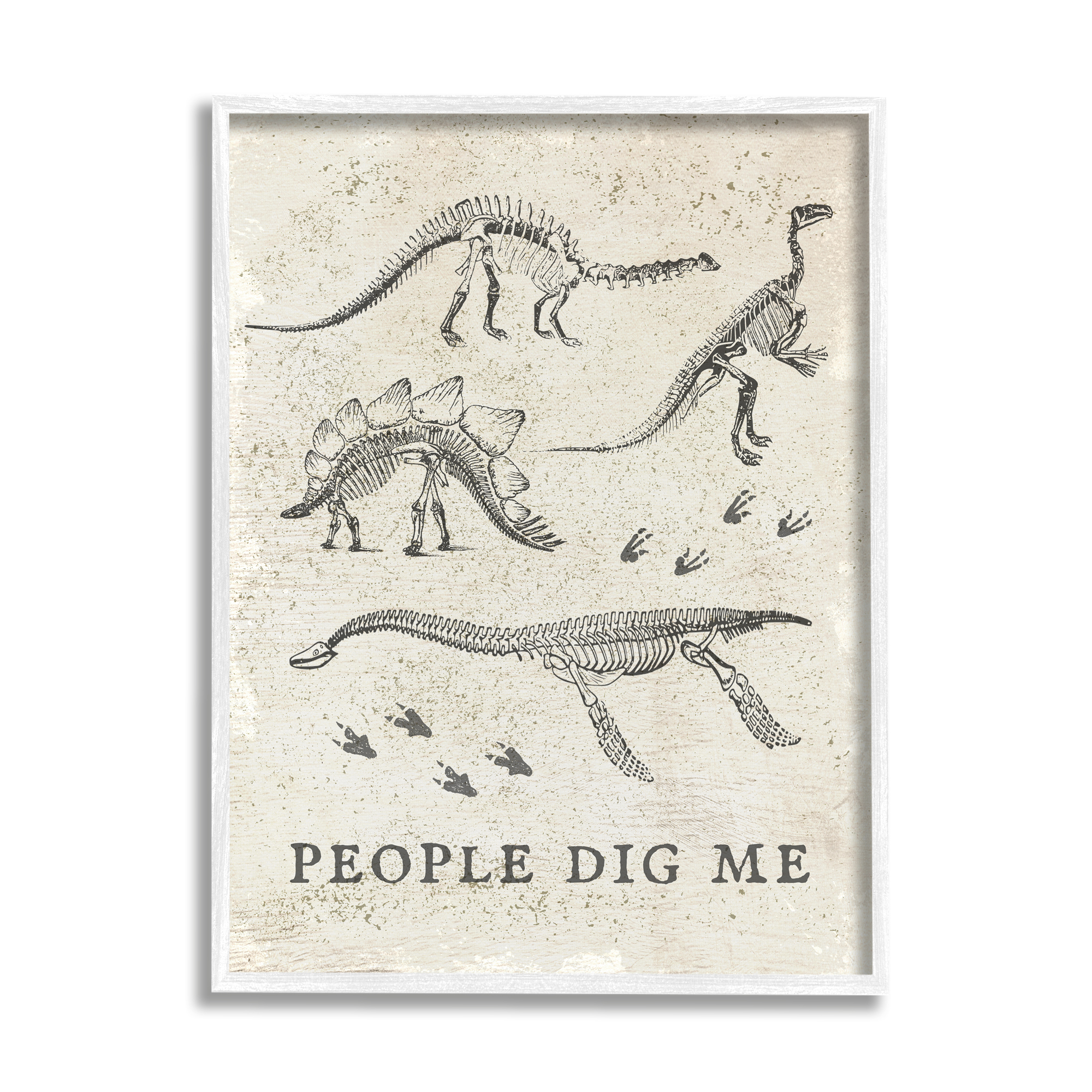 Stupell Industries Funny People Dig Me Dinosaur Skeleton and Footprints Animals & Insects Painting White Framed Art Print Wall Art, 24 x 30