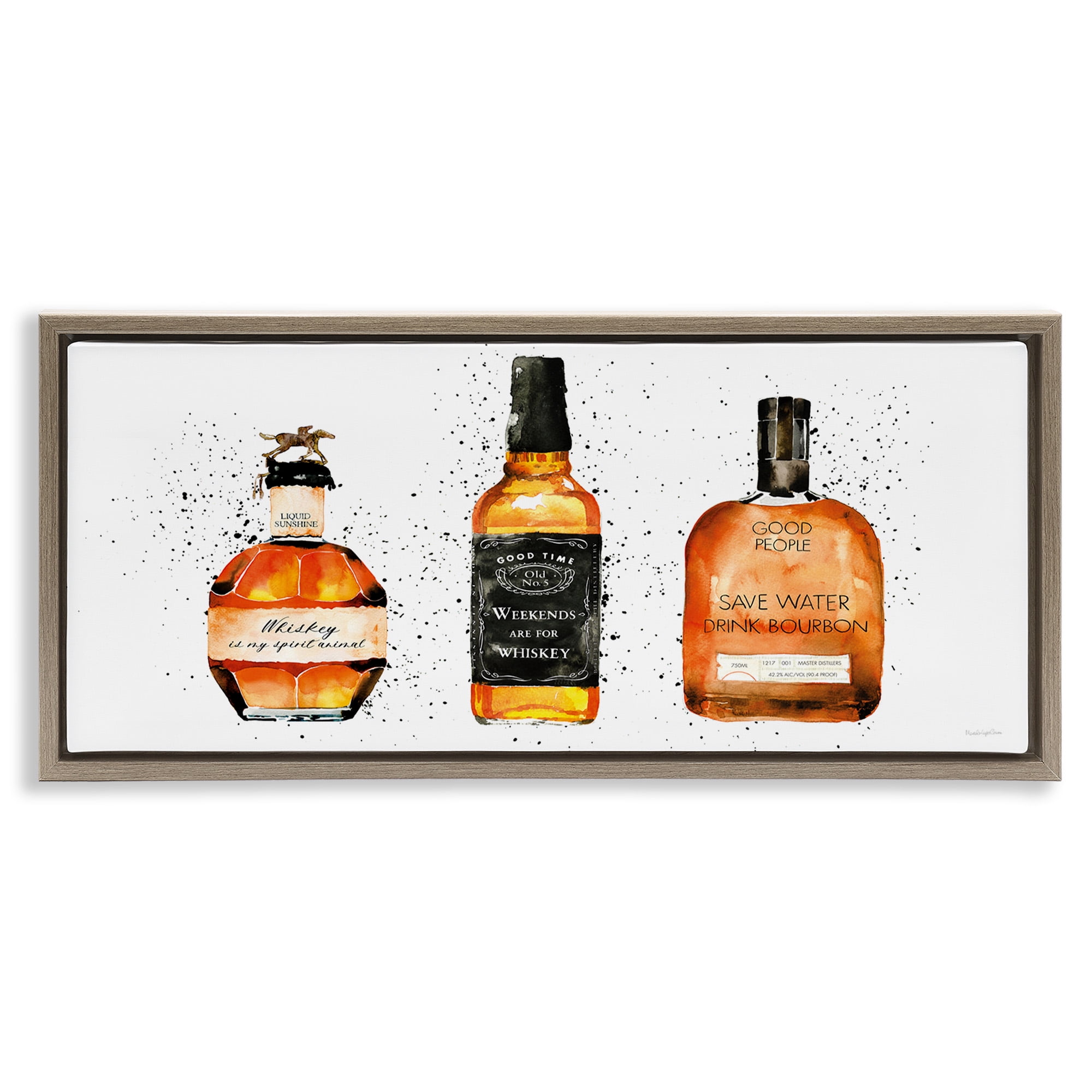 Stupell Industries Funny Phrases Whiskey Bottles Food & Beverage Painting Brown Floater Framed Canvas Art Print Wall Art, 25 x 11