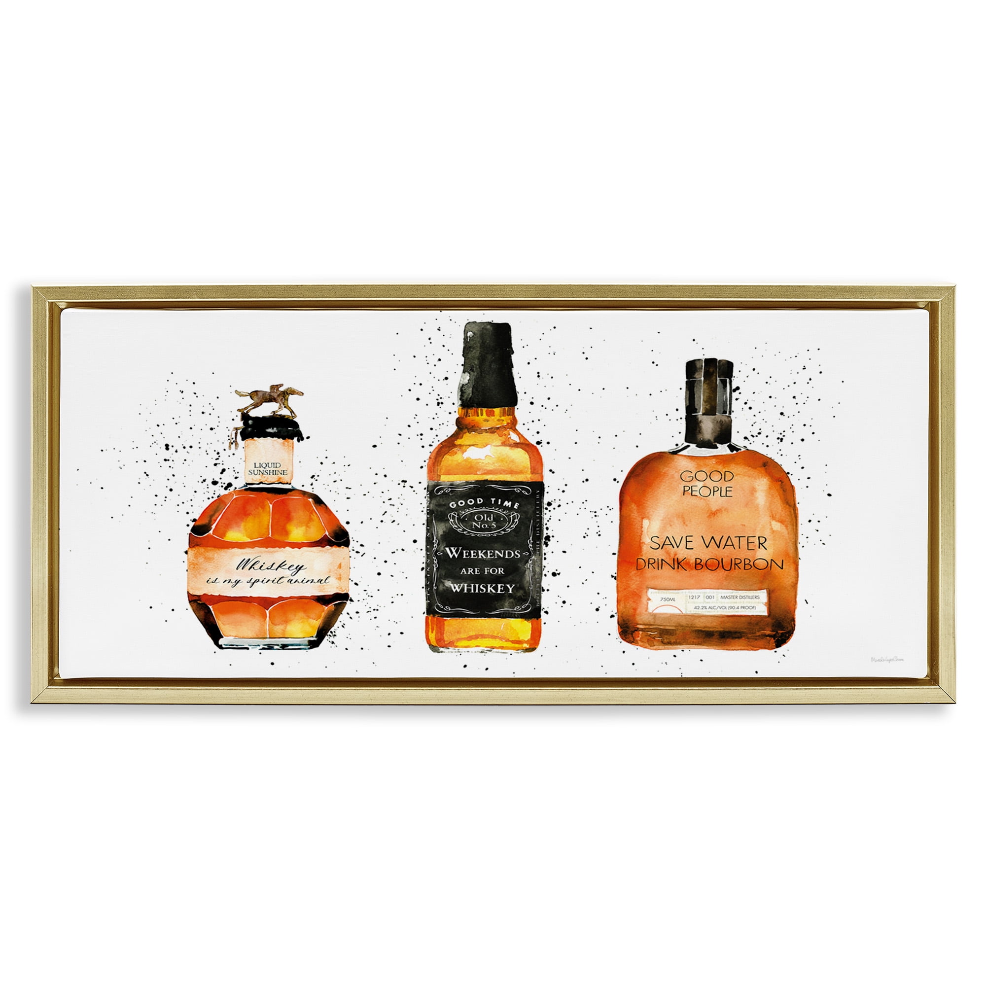 Gold Framed Whiskey Bottles Canvas Print, 25 x 11