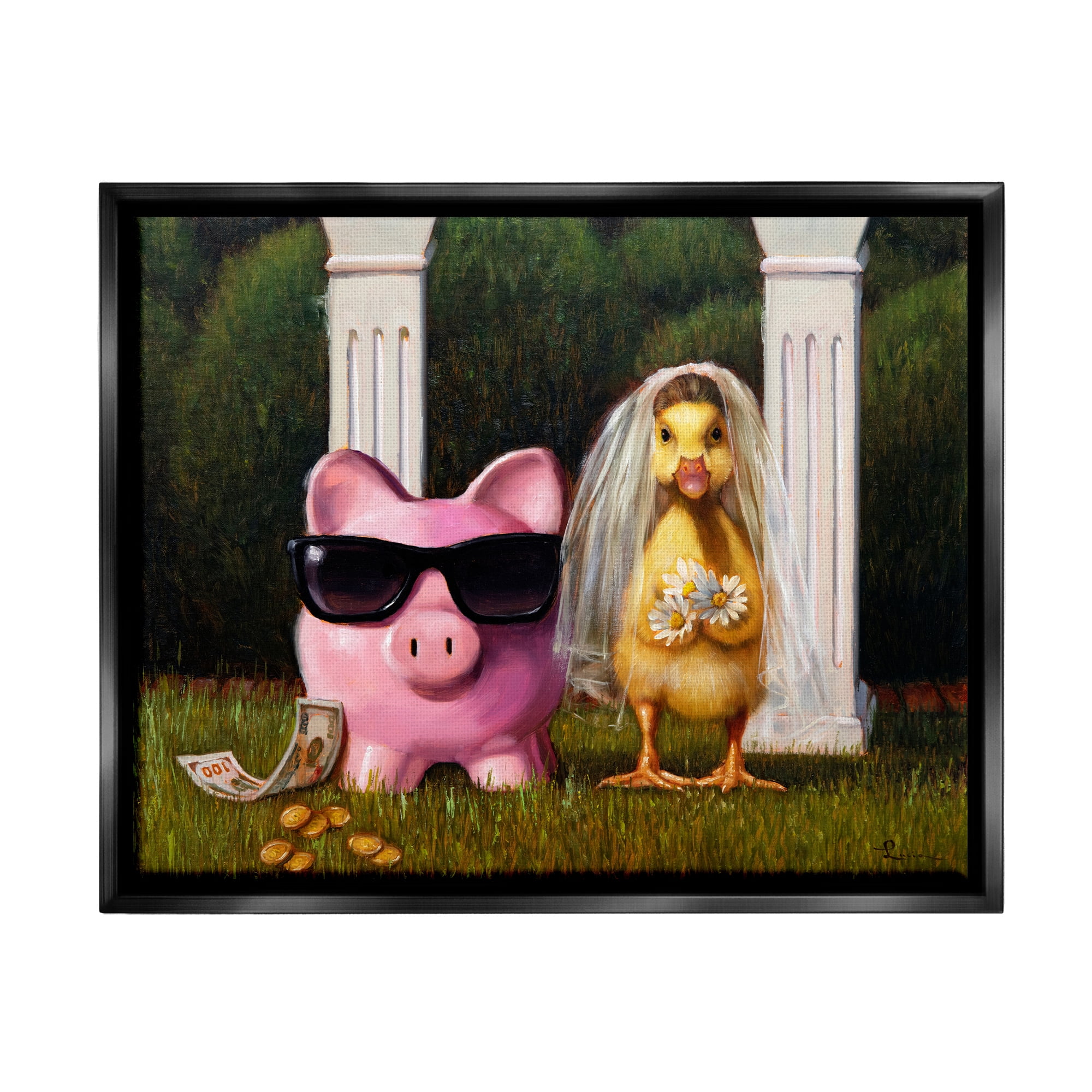 Stupell Industries Funny Pig & Duck Wedding Animals & Insects Painting Black Floater Framed Canvas Art Print Wall Art, 21 x 17