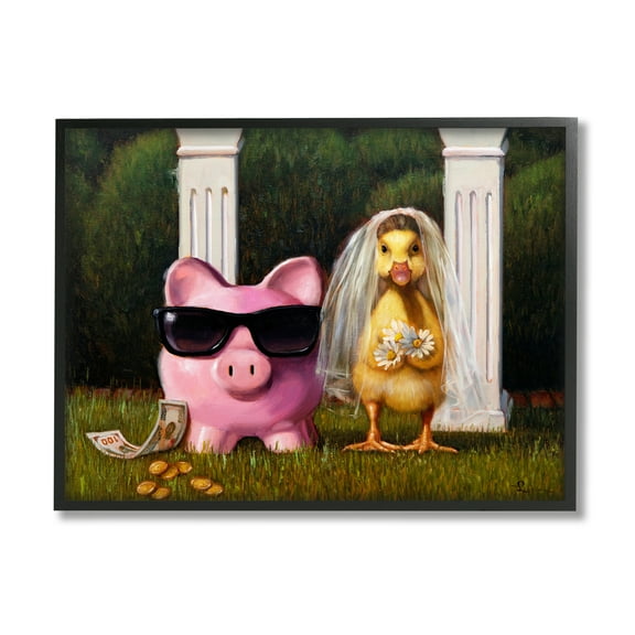 Stupell Industries Funny Pig & Duck Wedding Animals & Insects Painting Black Framed Art Print Wall Art, 14 x 11
