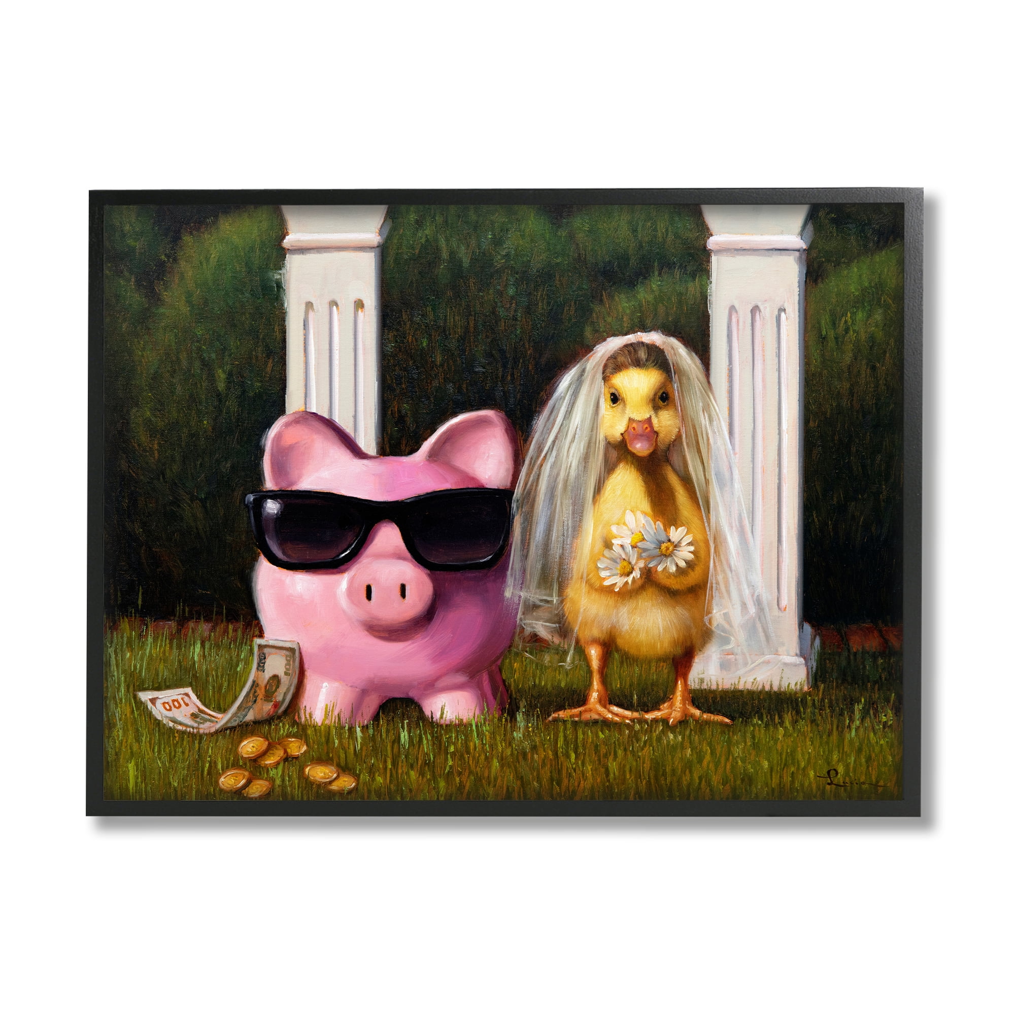 Stupell Industries Funny Pig & Duck Wedding Animals & Insects Painting Black Framed Art Print Wall Art, 20 x 16