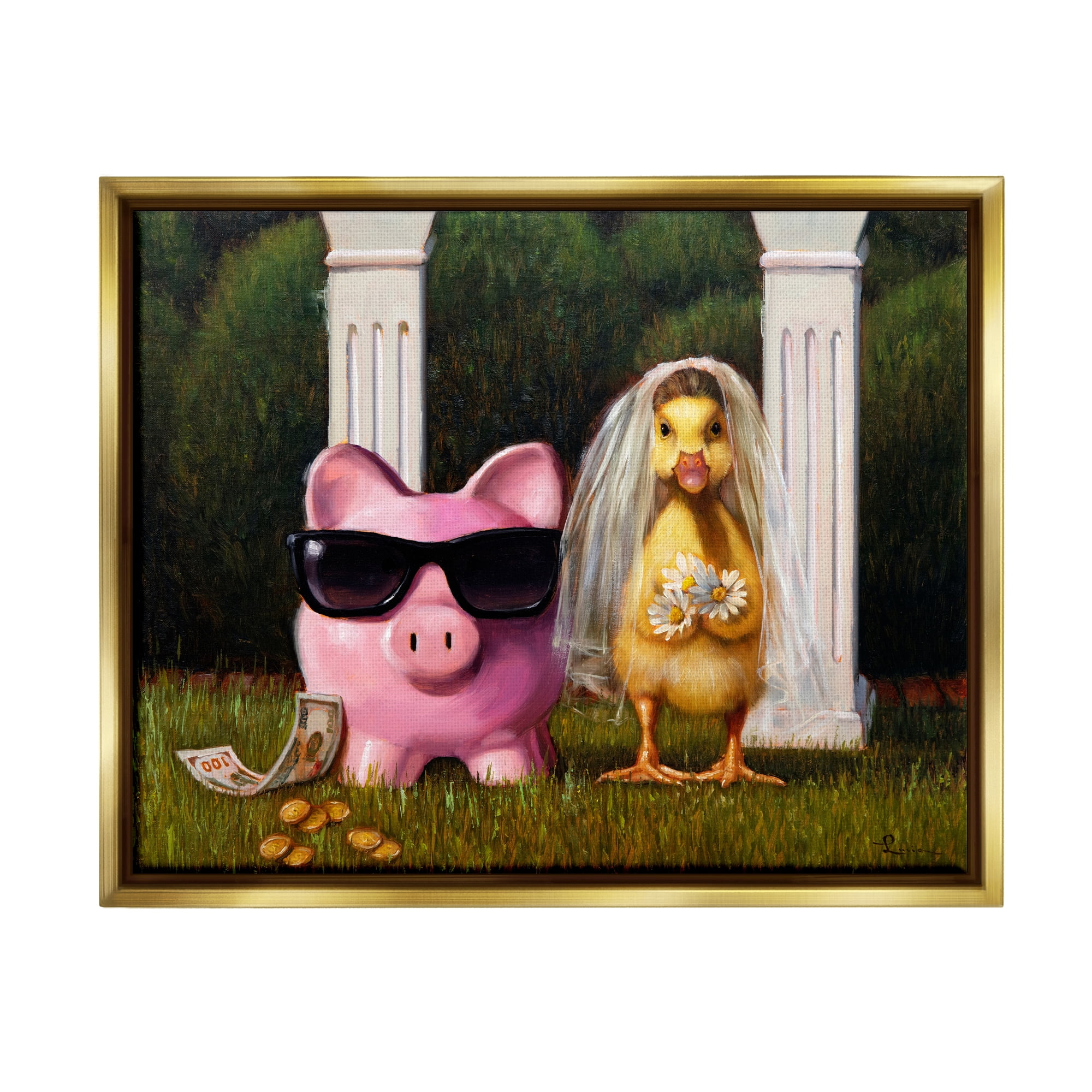 Stupell Industries Funny Pig & Duck Wedding Animals & Insects Painting Gold Floater Framed Canvas Art Print Wall Art, 31 x 25