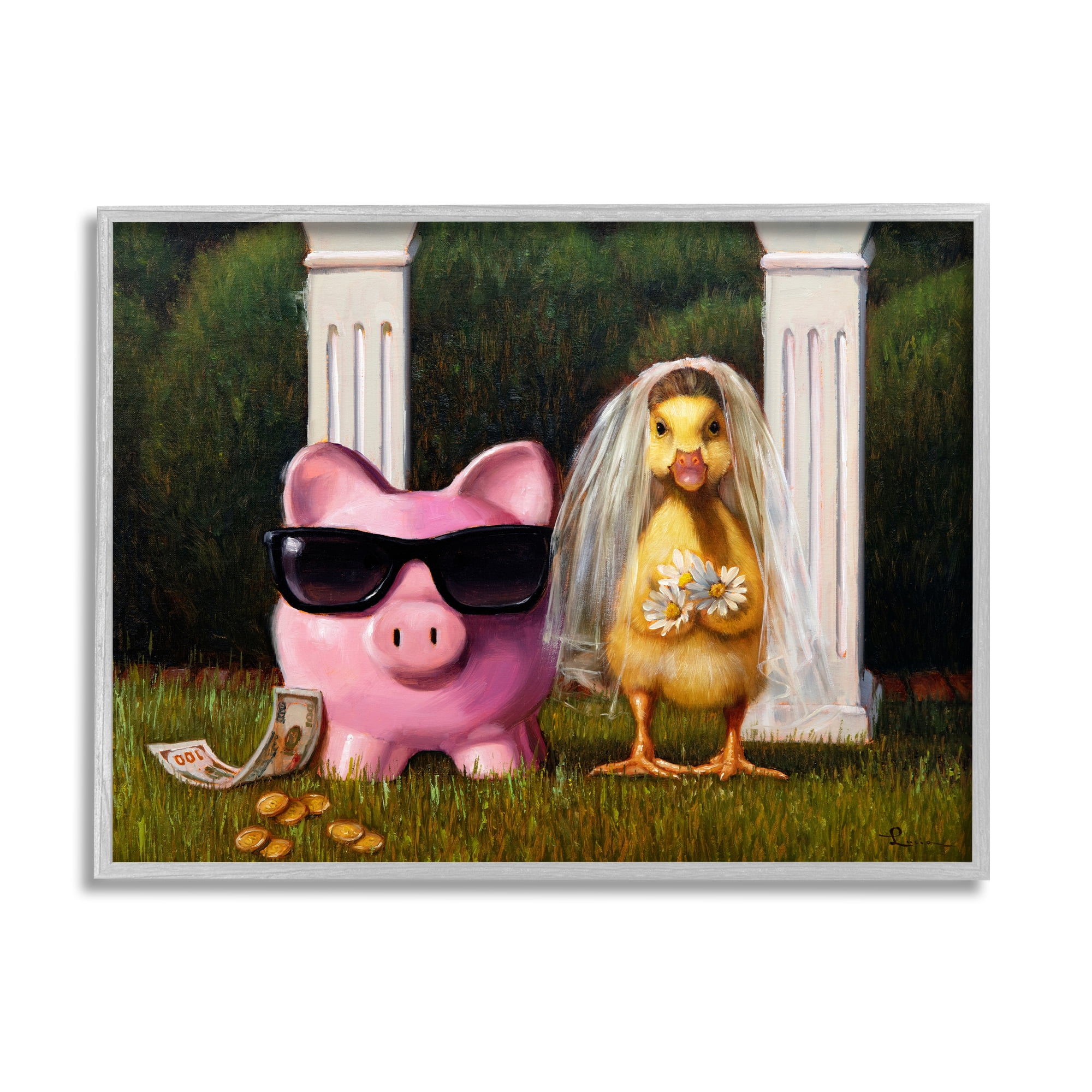 Stupell Industries Funny Pig & Duck Wedding Animals & Insects Painting Gray Framed Art Print Wall Art, 20 x 16