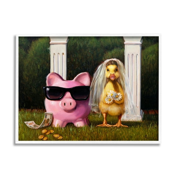 Stupell Industries Funny Pig & Duck Wedding Animals & Insects Painting White Framed Art Print Wall Art, 14 x 11