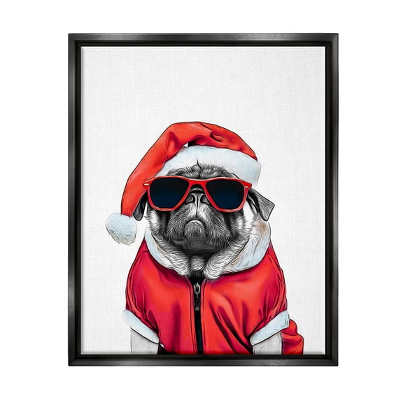 Stupell Industries Funny Pug Santa Hat Holiday Painting Black Floater Framed Canvas Art Print Wall Art, 17 x 21