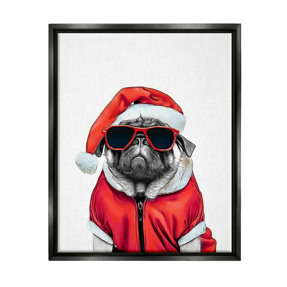 Stupell Industries Funny Pug Santa Hat Holiday Painting Black Floater Framed Canvas Art Print Wall Art, 25 x 31