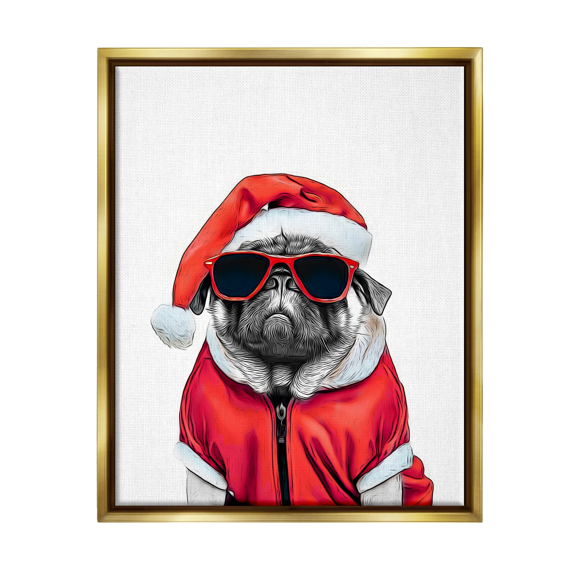 Stupell Industries Funny Pug Santa Hat Holiday Painting Gold Floater Framed Canvas Art Print Wall Art, 17 x 21
