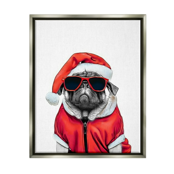 Stupell Industries Funny Pug Santa Hat Holiday Painting Gray Floater Framed Canvas Art Print Wall Art, 17 x 21