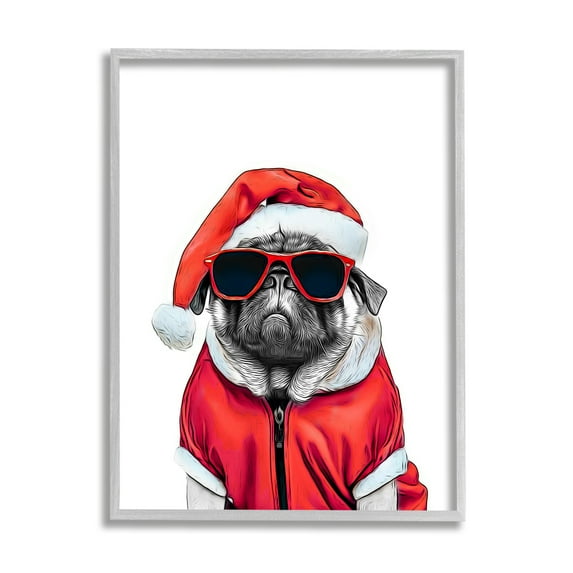 Stupell Industries Funny Pug Santa Hat Holiday Painting Gray Framed Art Print Wall Art, 24 x 30