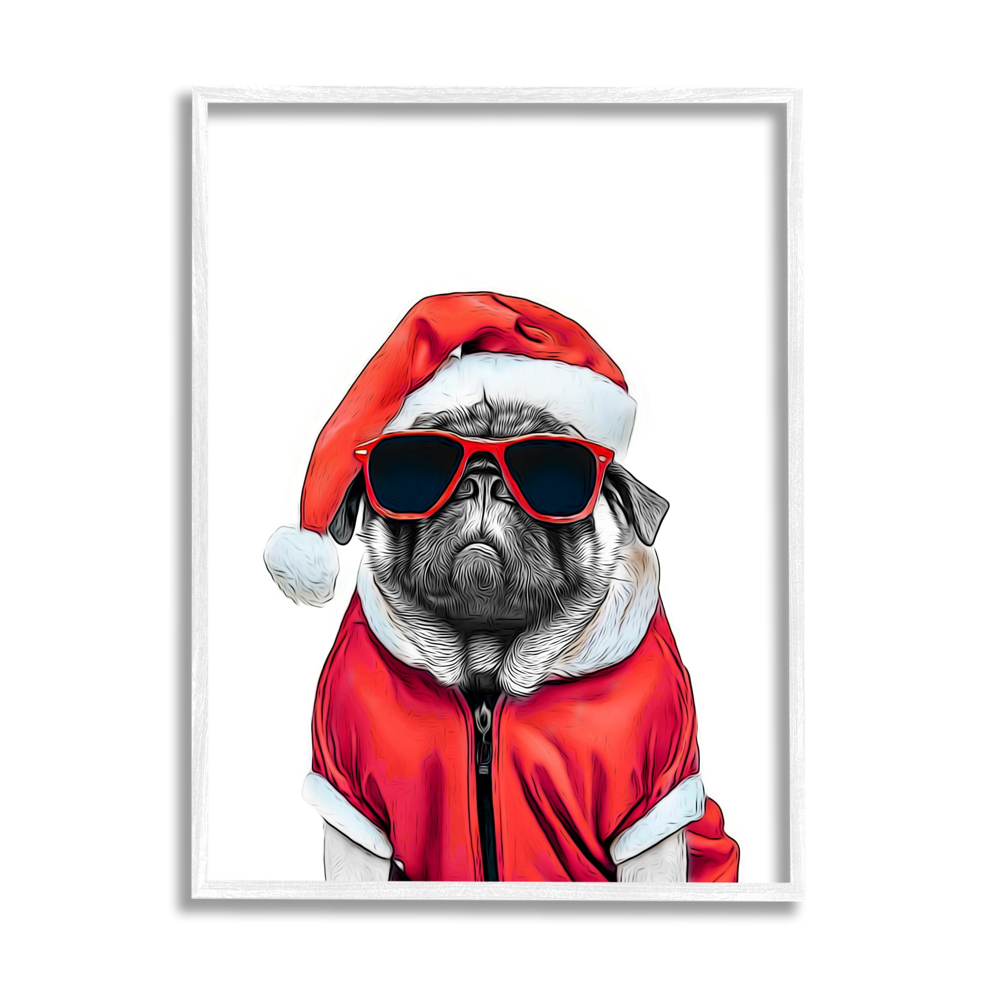 Stupell Industries Funny Pug Santa Hat Holiday Painting White Framed Art Print Wall Art, 11 x 14